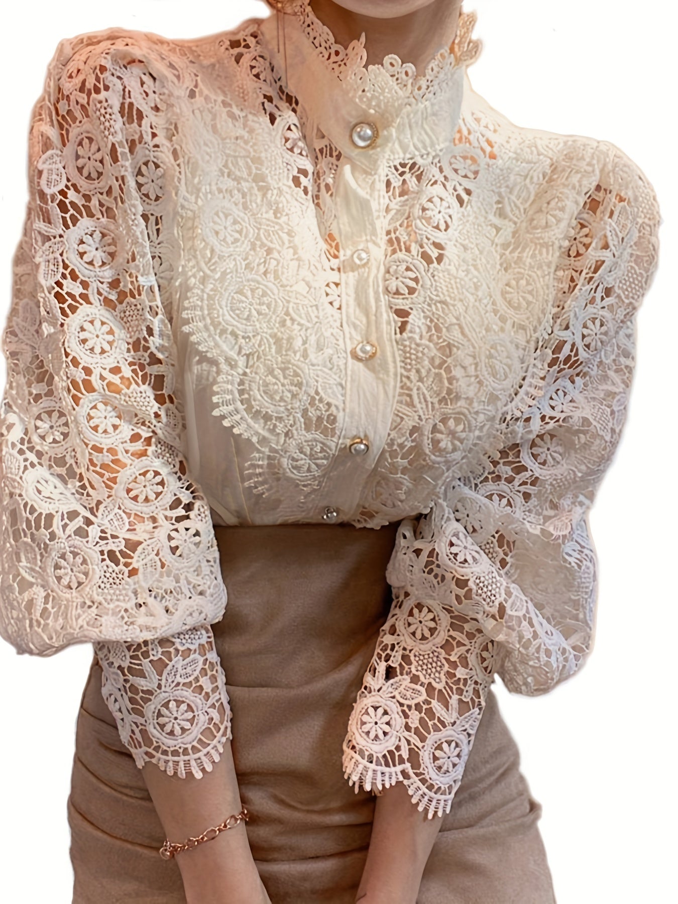 Lalique | Victorian Lace Women's Blouse with Pearl Button and Long Sleeves