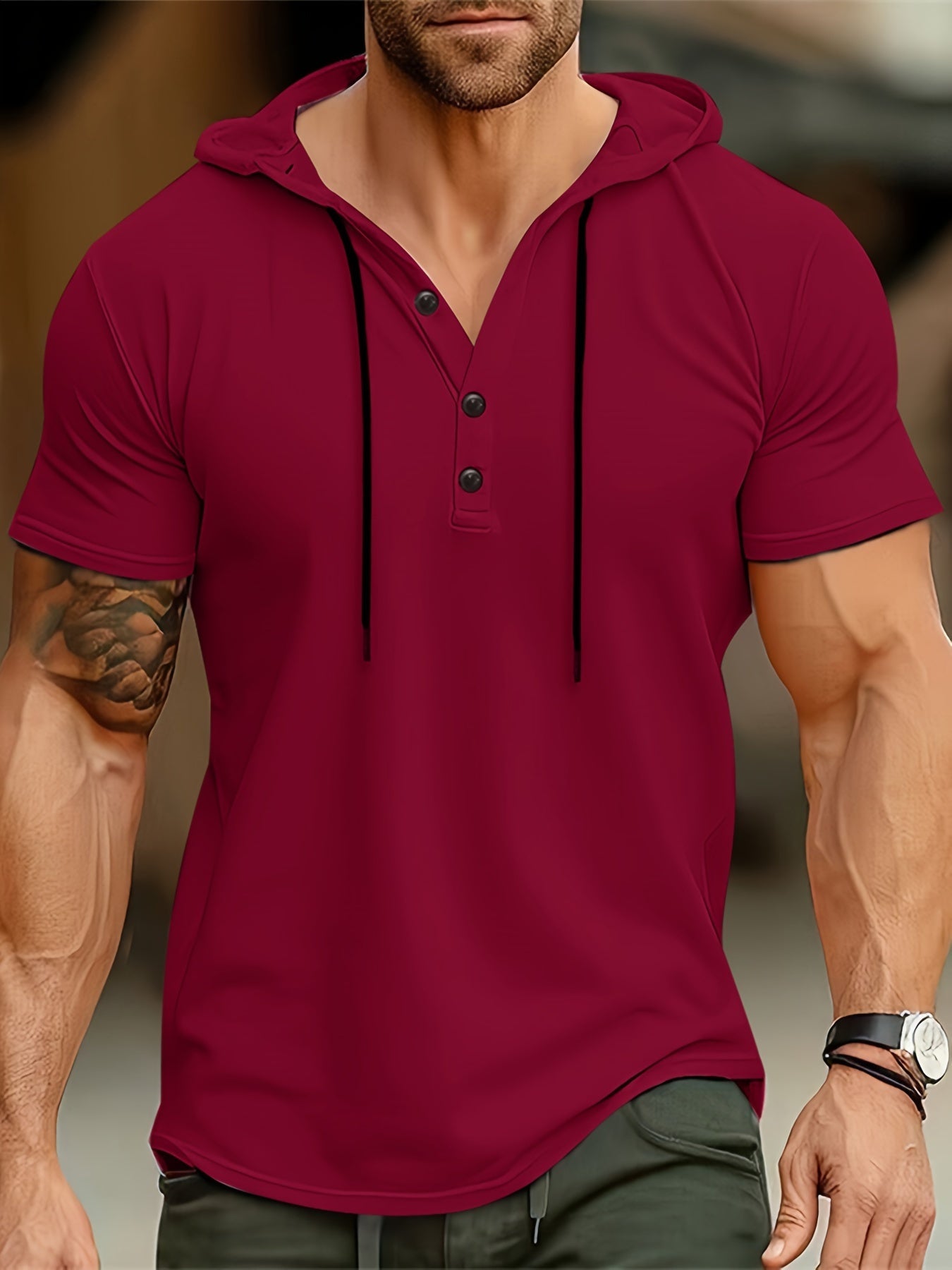 Alberico | Korte mouwen T-shirt met capuchon en knoopsluiting voor heren - Casual Top