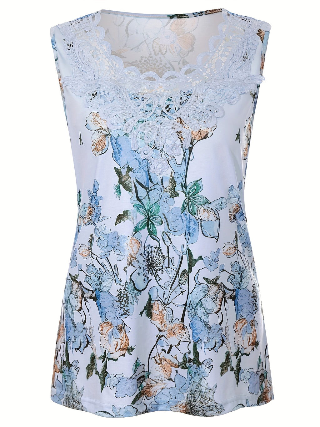 Myrina | Mouwloze top met bloemenprint en kanten patchwork voor dames – Elegante ronde hals