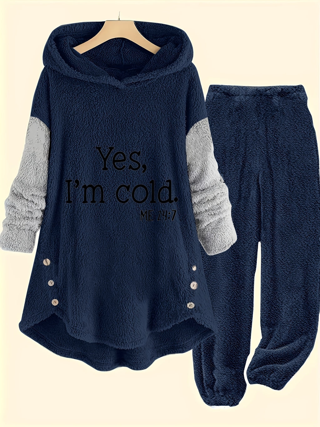 Neryn | Knusse grijze fleece hoodie & joggerset voor dames met briefprint - Casual tweedelige loungeset