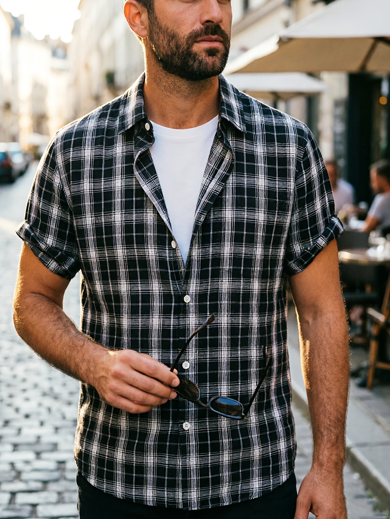 Daros | Herenoverhemd met bubbelpatroon en ruitjesmotief – met korte mouwen en knoopsluiting