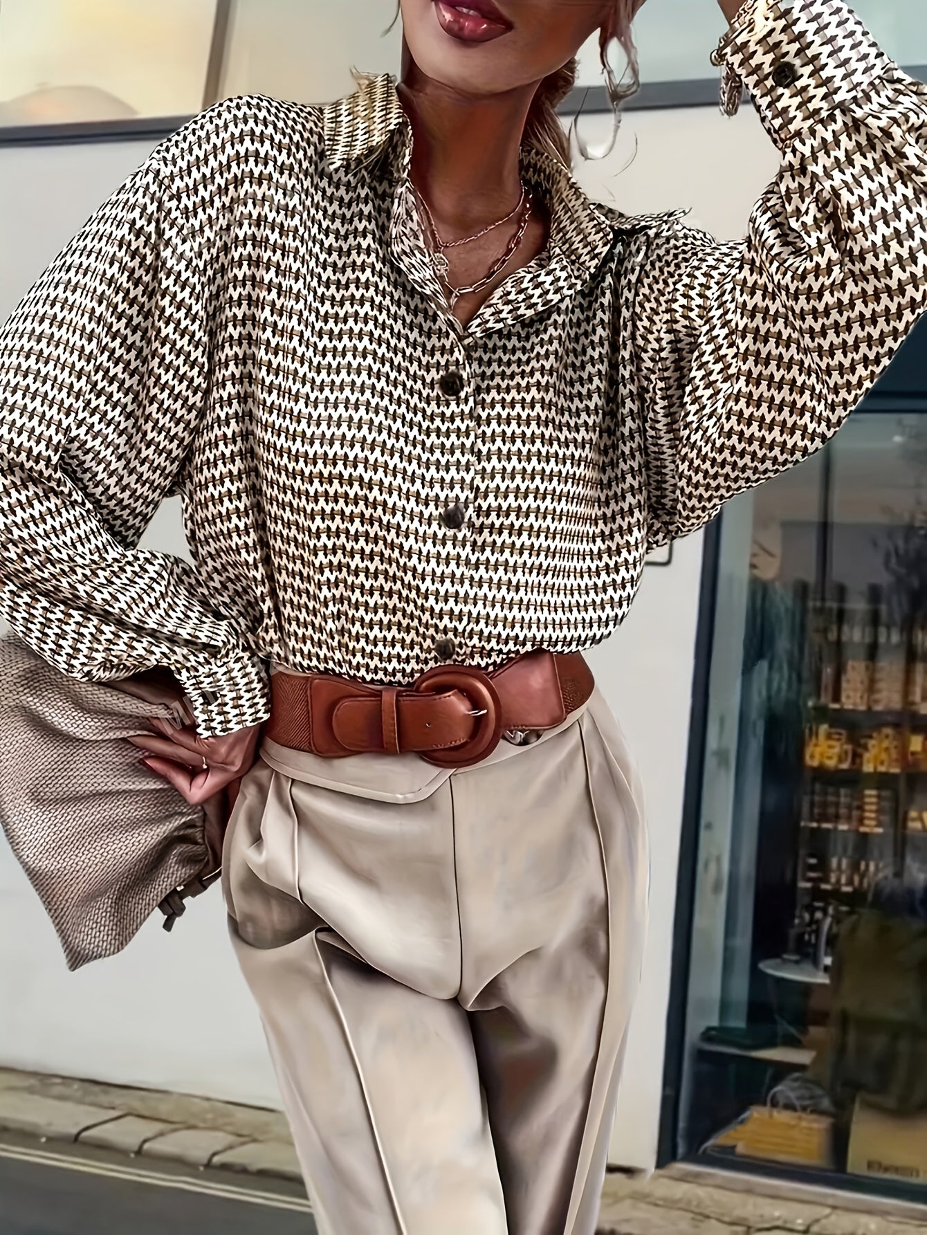Titania | Women's long-sleeve shirt with geometric print and button placket - Stylish blouse