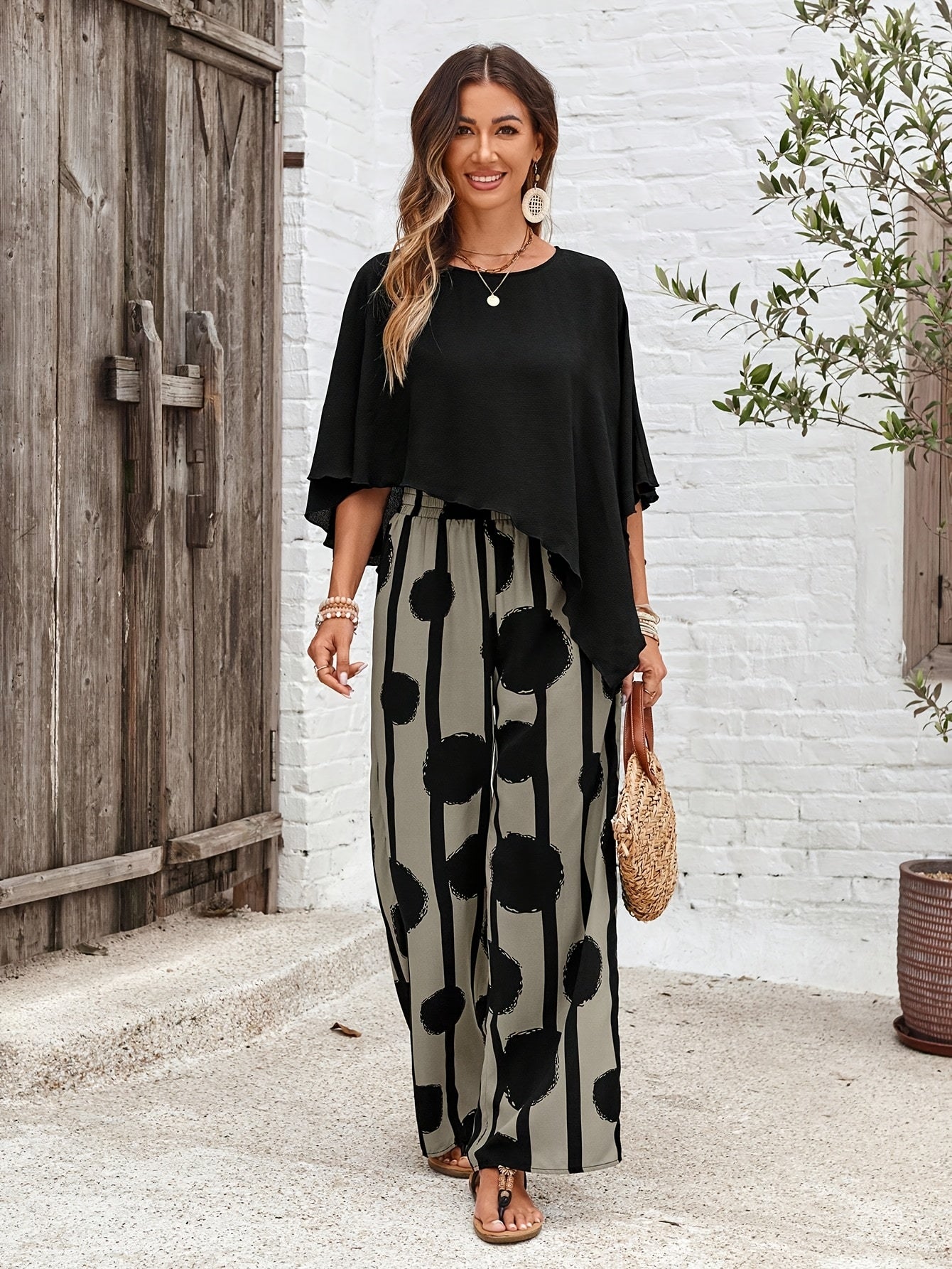 Bellisaria | Blouse with Asymmetric Hem and Wide Leg Trousers - Casual Outfit