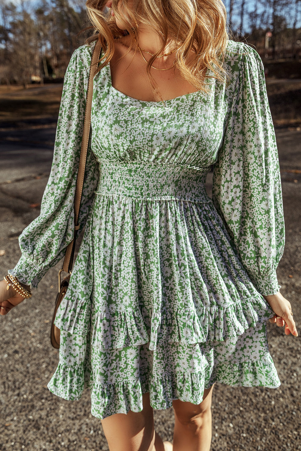 Raeven | Floral Dress with Ruched Waist and Square Neckline - Women's Ruffle Dress