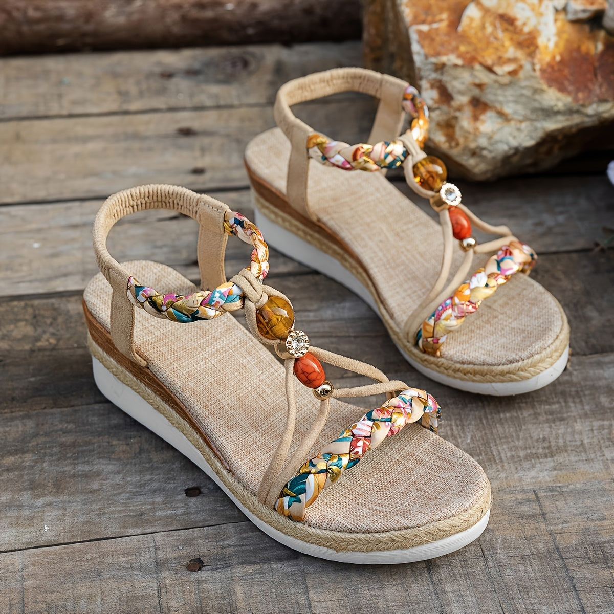 Zafrina | Bohemian Women's Sandals - Hand-Woven Multicolor Elastic Straps
