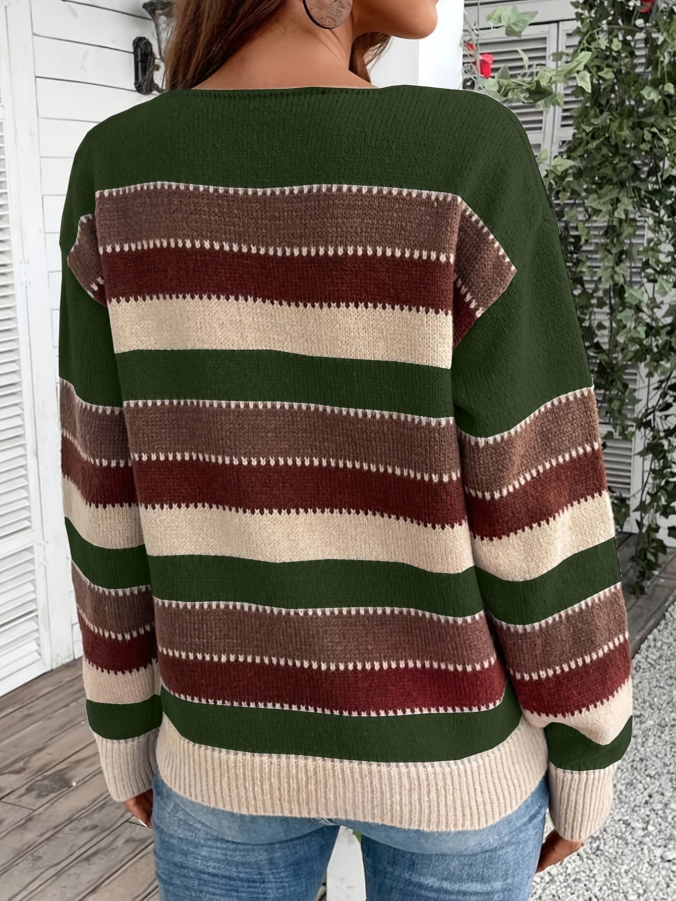 Freja | Dames Trui met Kleurblok Streepjes Ronde Hals - Vintage Pullover Met Lange Mouwen voor Vrijetijdskleding