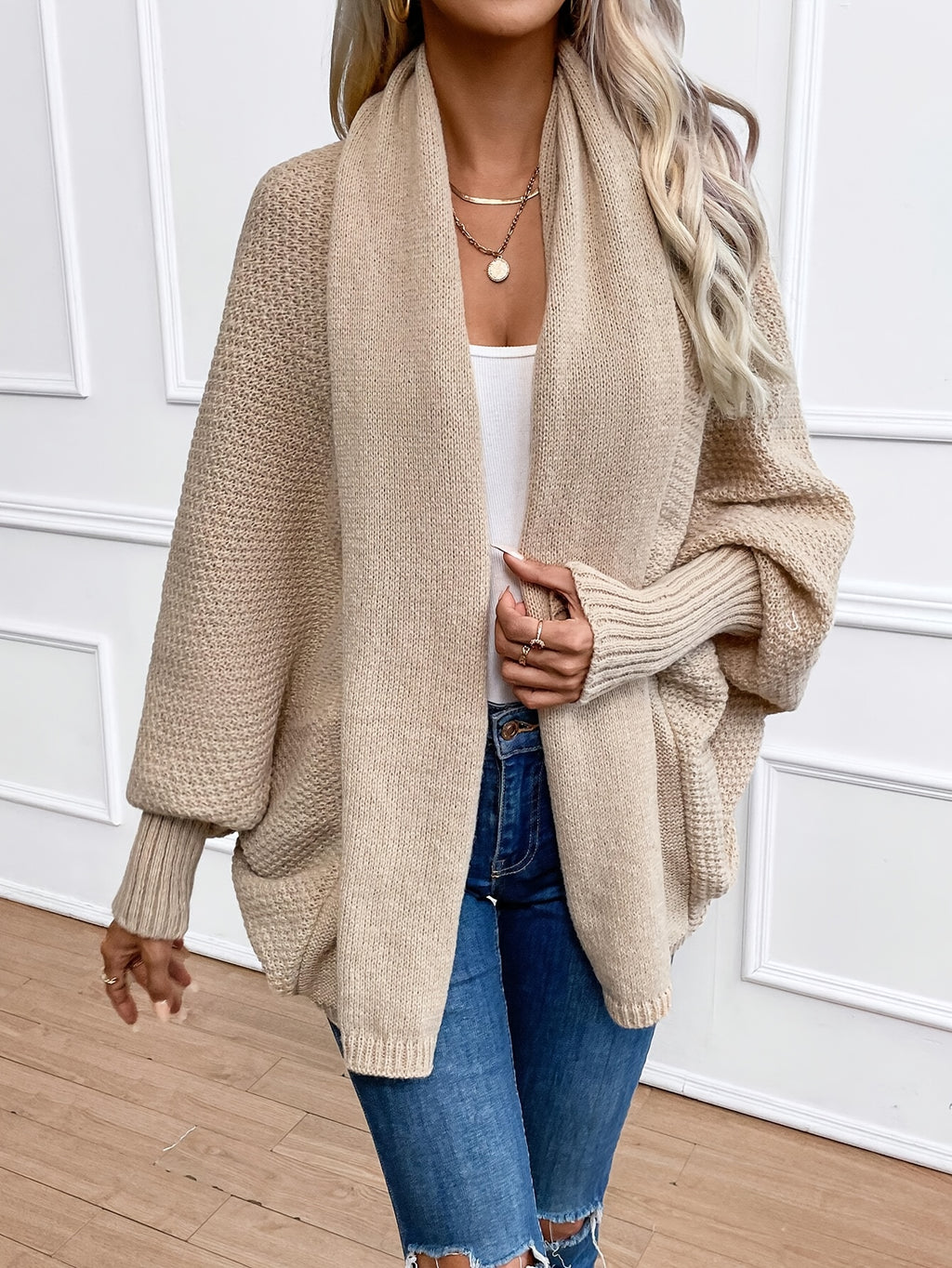 Felice | Oversized damesvest met open voorkant en vleermuismouwen - Los model, elegante effen kleur