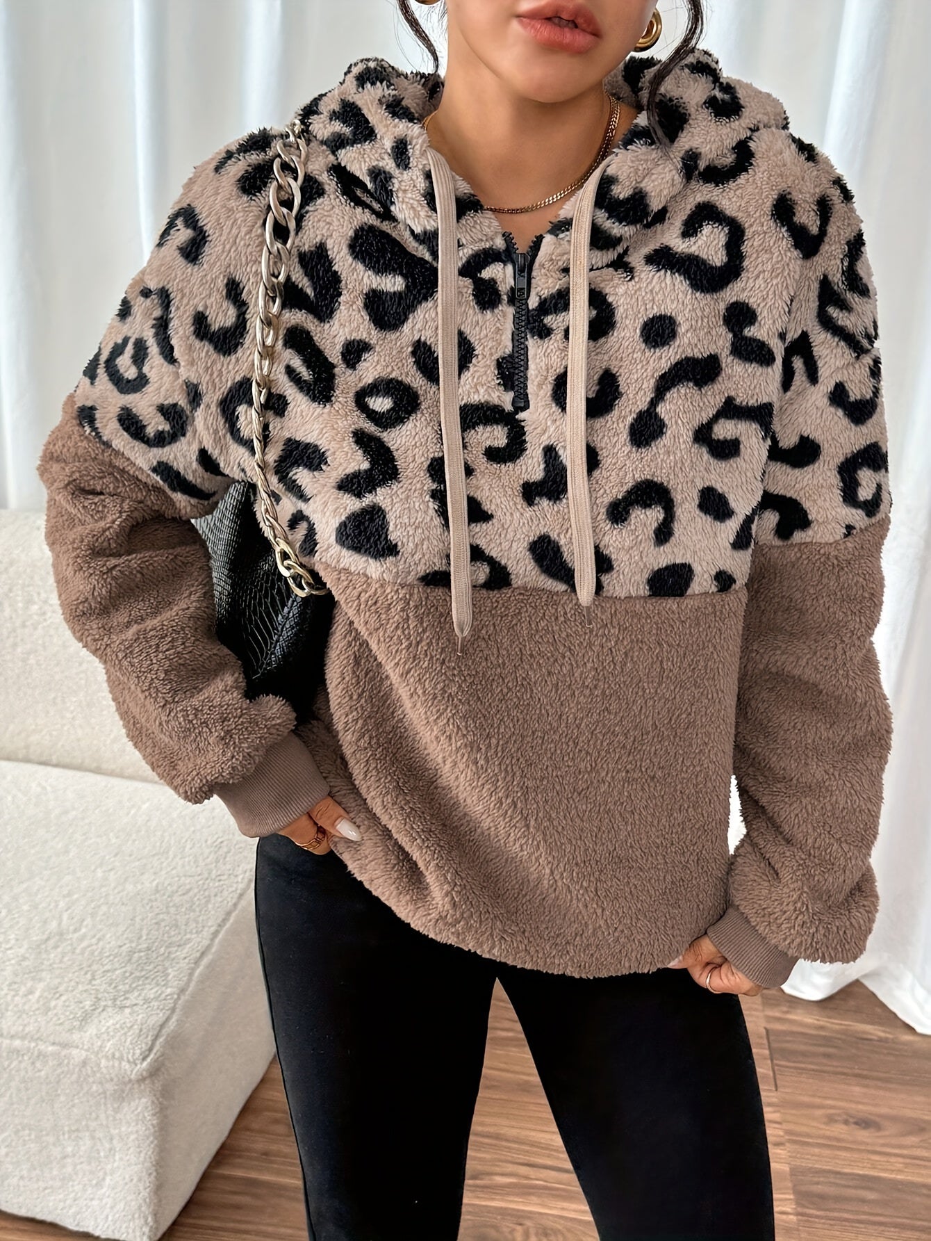 Agatha | Damestrui met luipaardprint - Knus Teddy Pluche Sweatshirt, Polyester Contrast Trui, Casual Gebreide Top met Capuchon