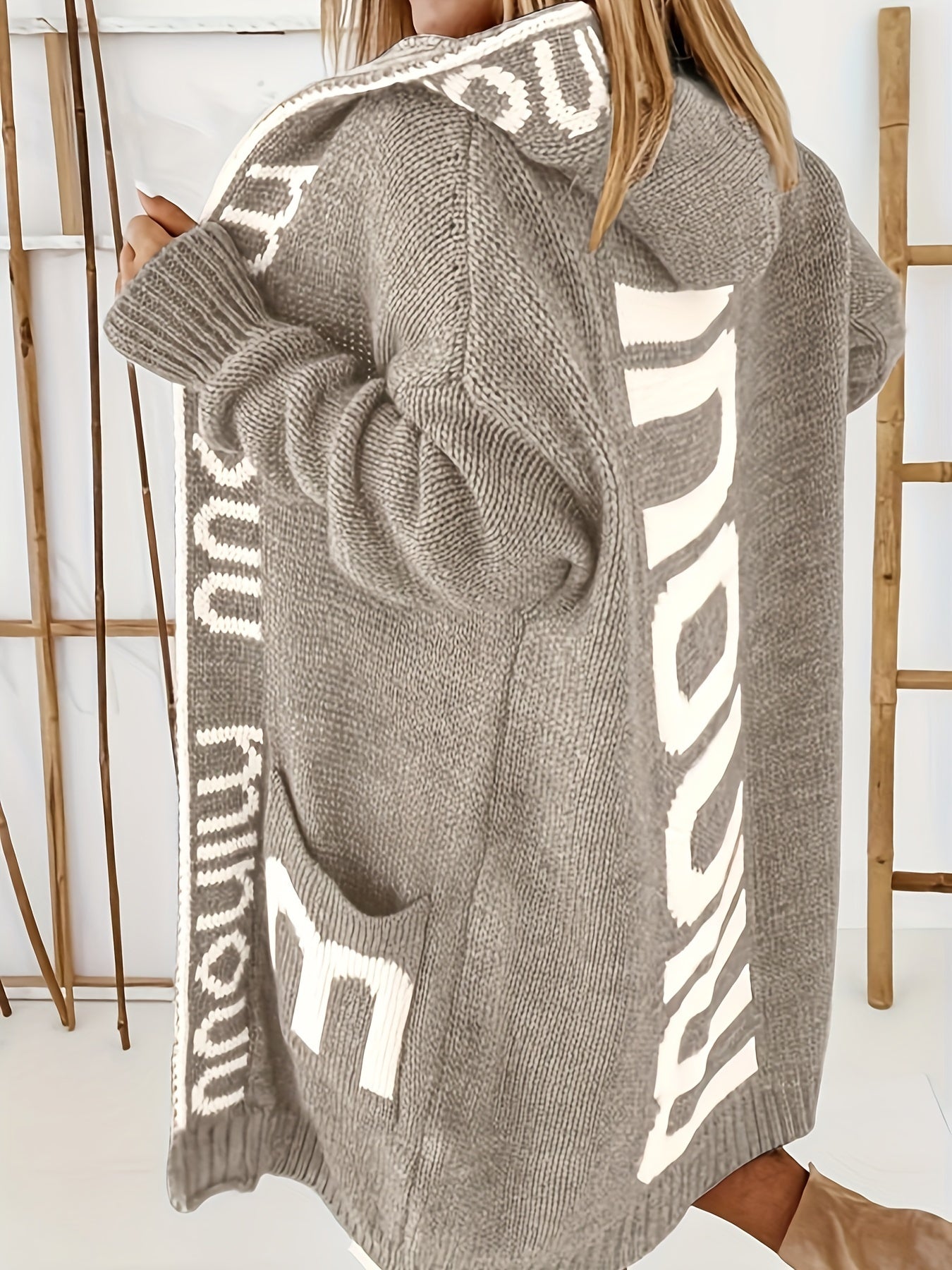 Frida | Gilet long en maille à col cascade, pull à capuche décontracté à manches longues