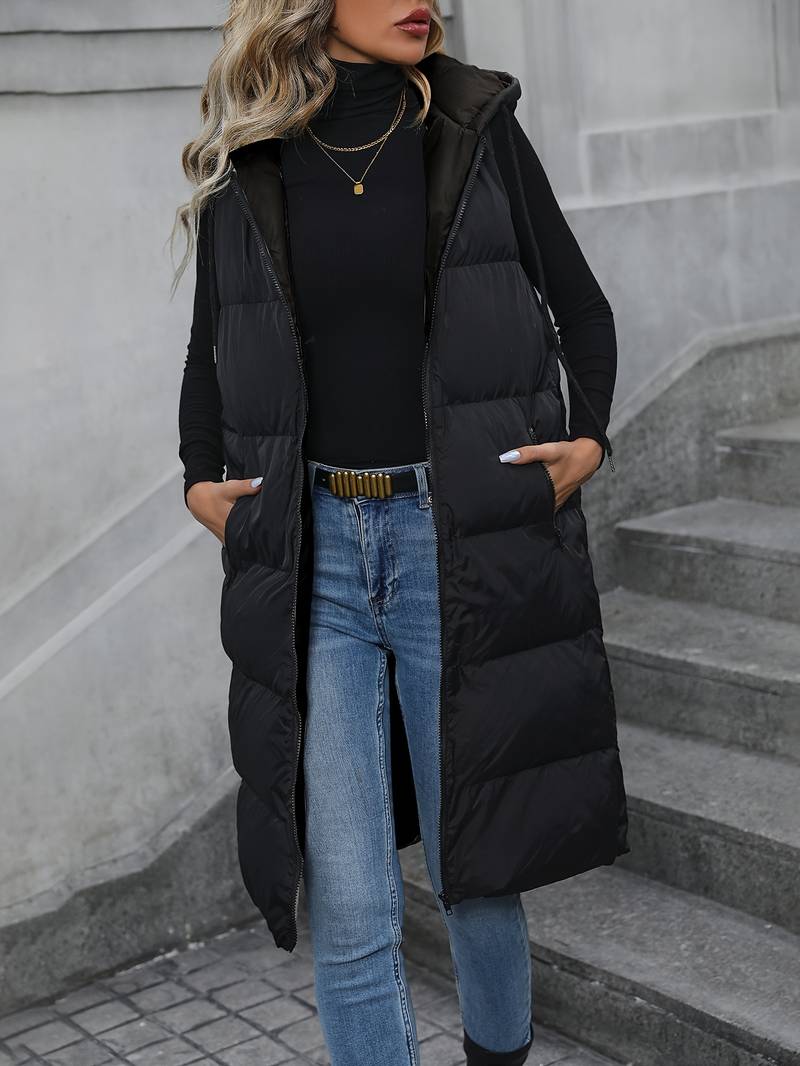 Aina | Lang gewatteerd mouwloos vest met capuchon voor dames - lichtgewicht bodywarmer vest