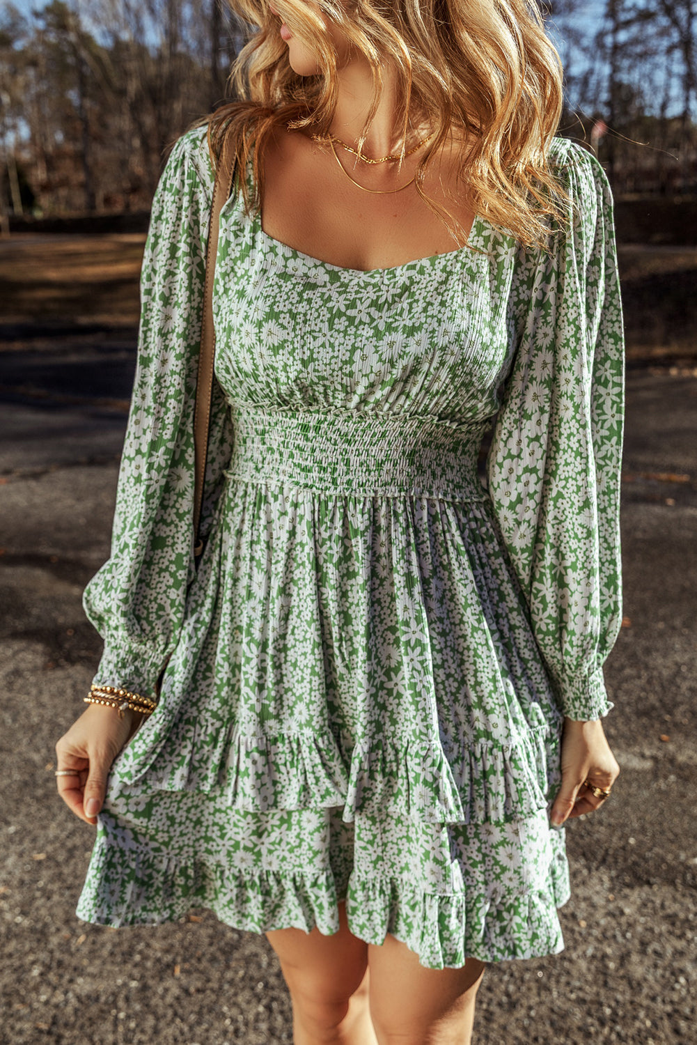 Raeven | Floral Dress with Ruched Waist and Square Neckline - Women's Ruffle Dress