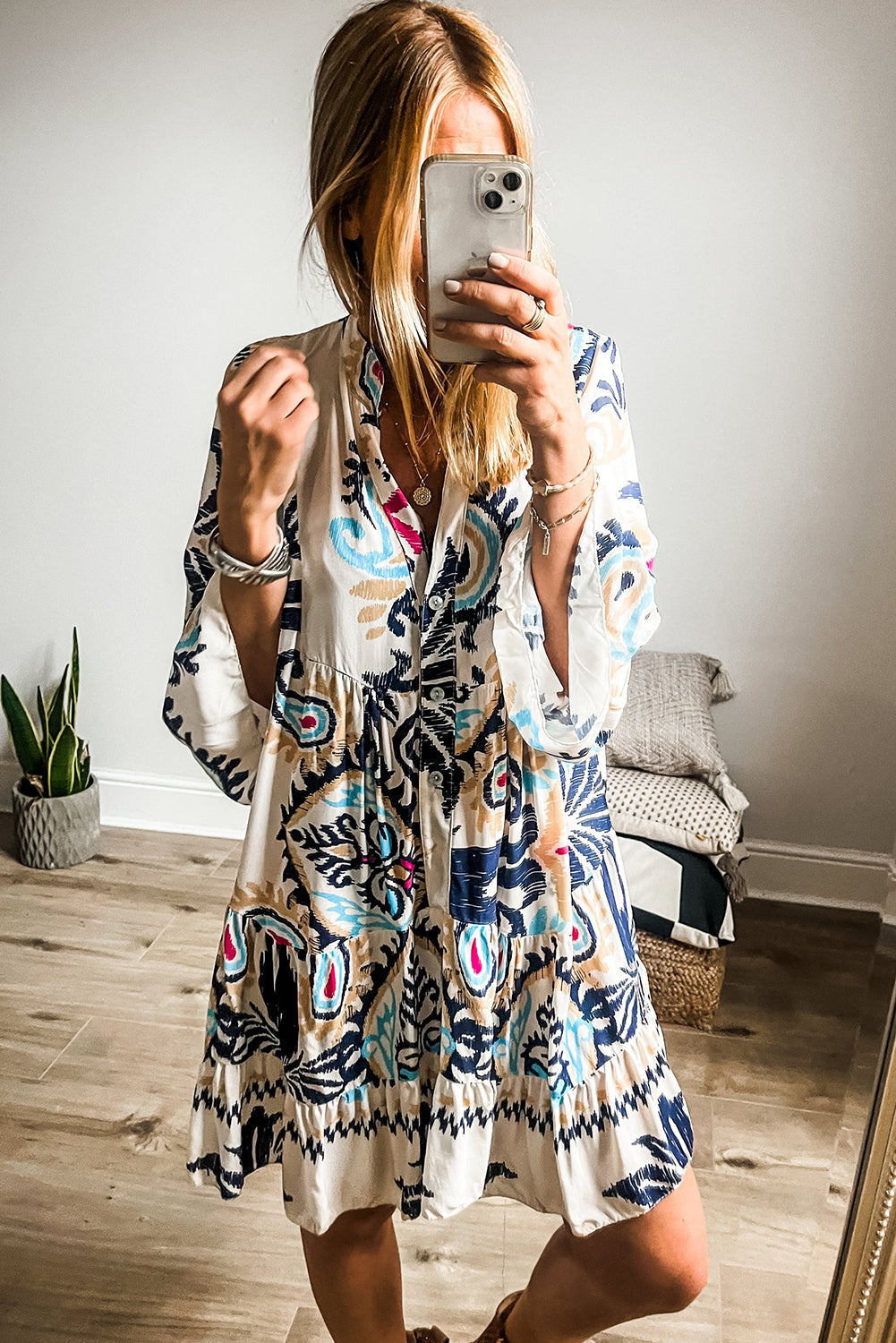 Ravienna | Women's Tribal Print Mini Dress - Button-Up, Bracelet Sleeve, Boho Chic