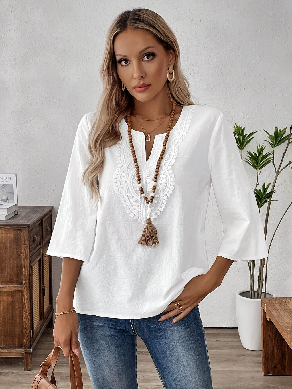 Kaari | Vrouwen Vintage Boho V-Hals Blouse - 3/4 Mouwen, Kanten Detail, Wit