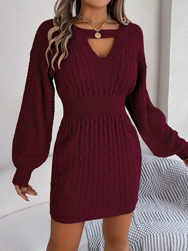 Fonda | Knitted Women's Sweater with Keyhole Detail & Lantern Sleeves, Elegant Winter Dress