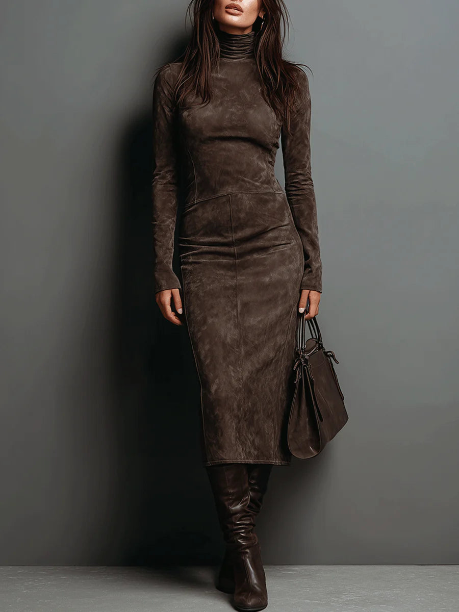Iskira | Suède midi-jurk met hoge kraag – Casual chique knielange jurk met lange mouwen