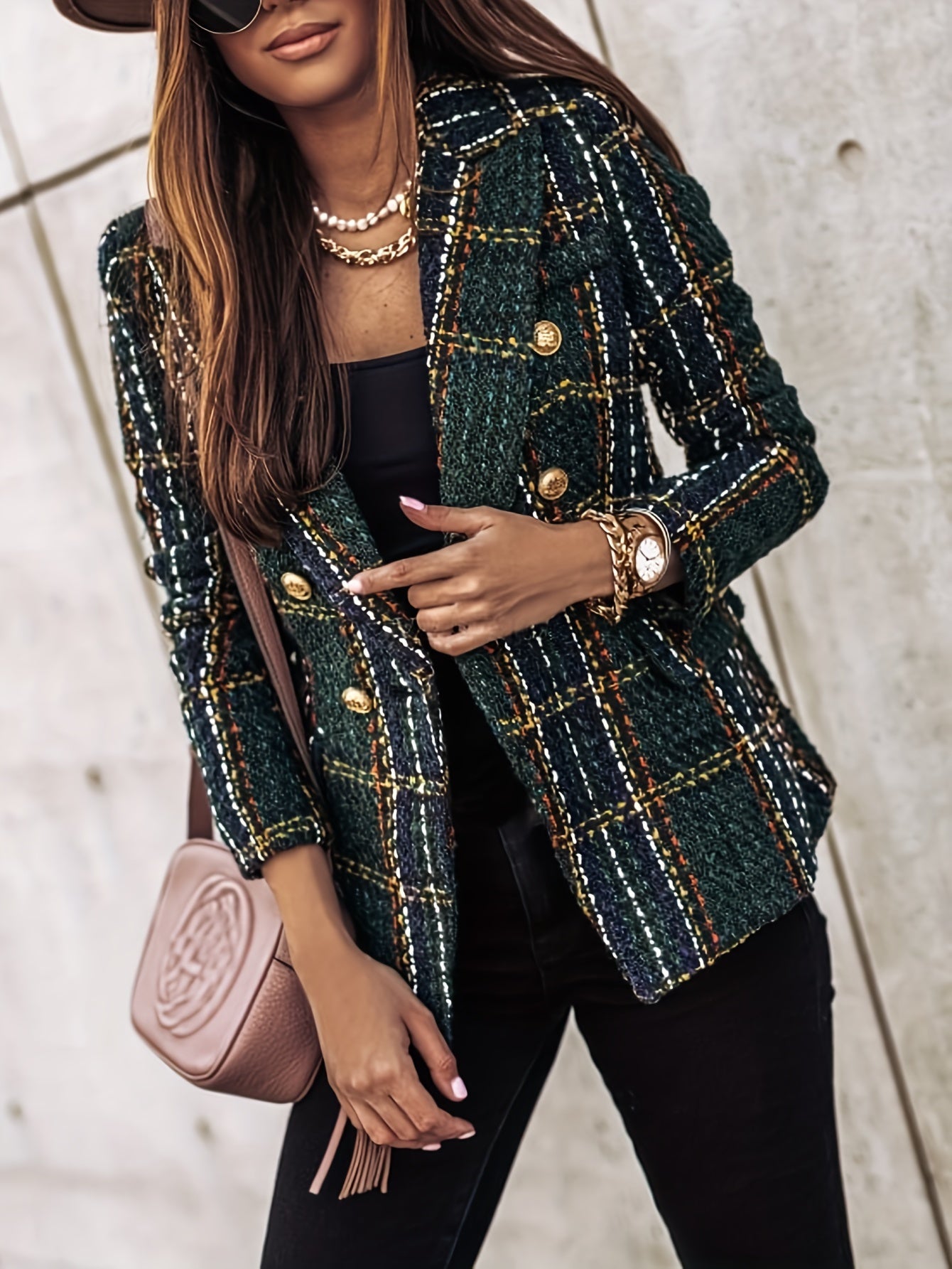 Genevieve | Blazer met twee rijen knopen - Elegante geruite Tweed jas met lange mouwen voor kantoor en werk, Dameskleding