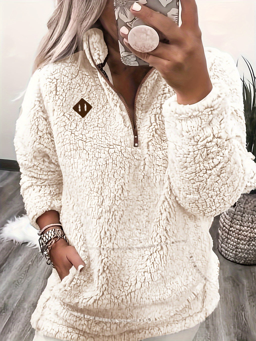 Cambia | Dames Patch Kwartier Ritssluiting Pullover Teddy Sweatshirt - Knusse Casual Lange Mouwen Fleece Top