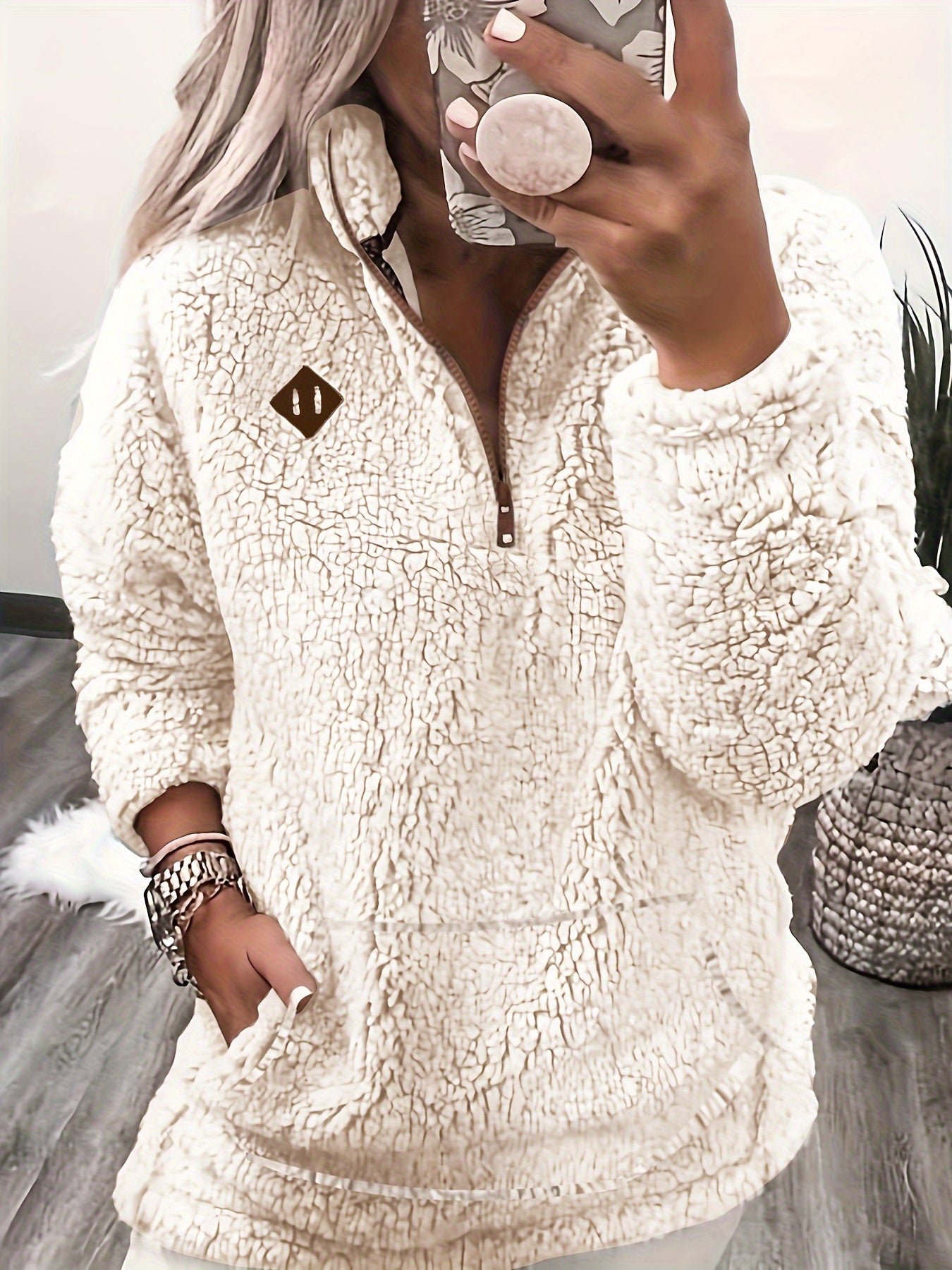 Cambia | Dames Patch Kwartier Ritssluiting Pullover Teddy Sweatshirt - Knusse Casual Lange Mouwen Fleece Top