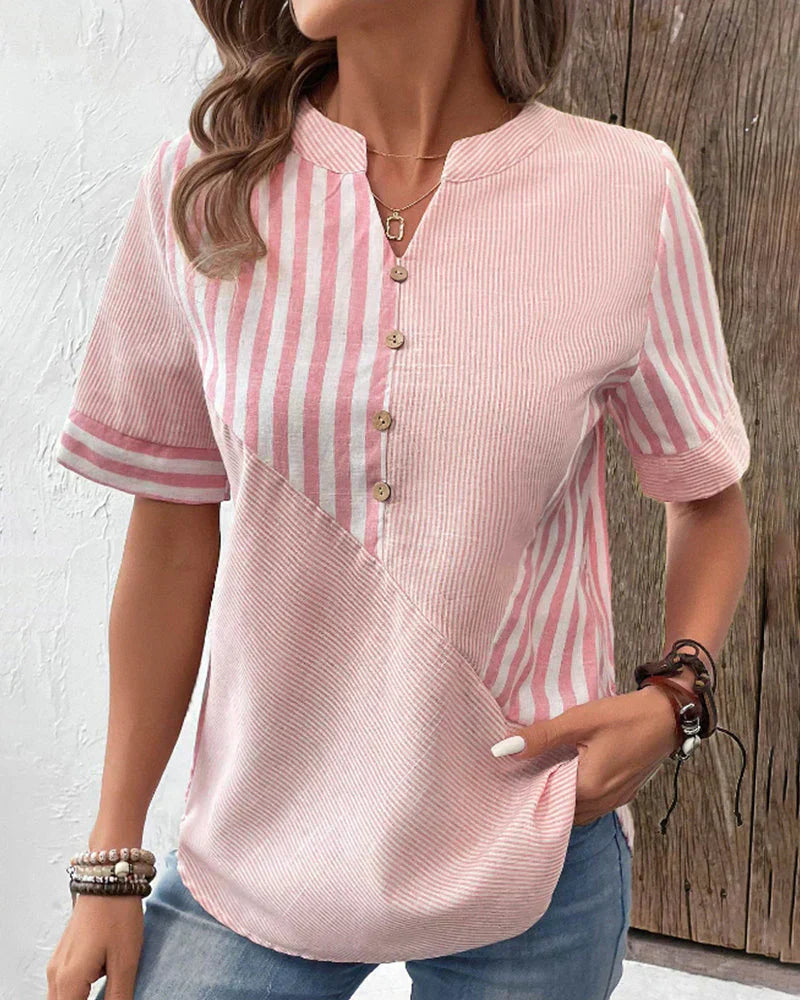 Kresimira | Elegante Gestreepte Patchwork Blouse - Korte Mouw Casual Shirt voor Vrouwen