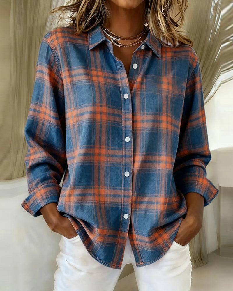 Jarella | Geruite damesblouse met omgeslagen kraag – Casual blouse met lange mouwen van katoenmix