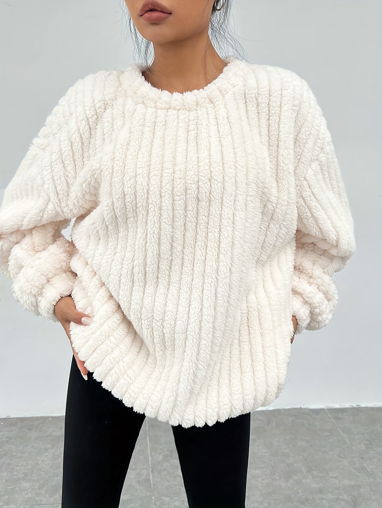 Delyse | Dames Trui met getextureerde teddyprint en ronde hals - Herfst Winter Casual Lange Mouwen