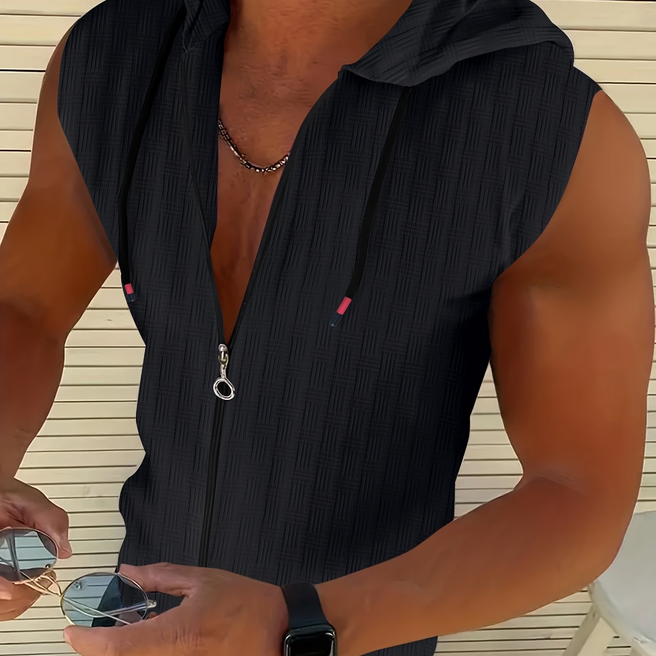 Zeiron | Mouwloos hoodie tanktop met rits voor heren – lichte zomerse gym hoodie vest