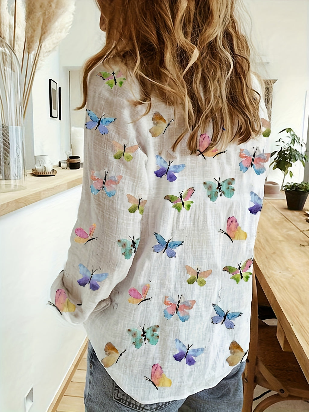 Myrra | Women's Casual Butterfly Print Long Sleeve Button-Up Shirt