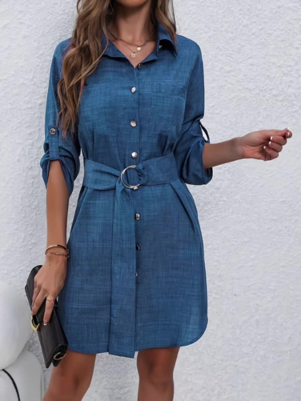 Hanalei | Elegant Long Sleeve Shirt Dress for Women - Belt, Lapel Collar