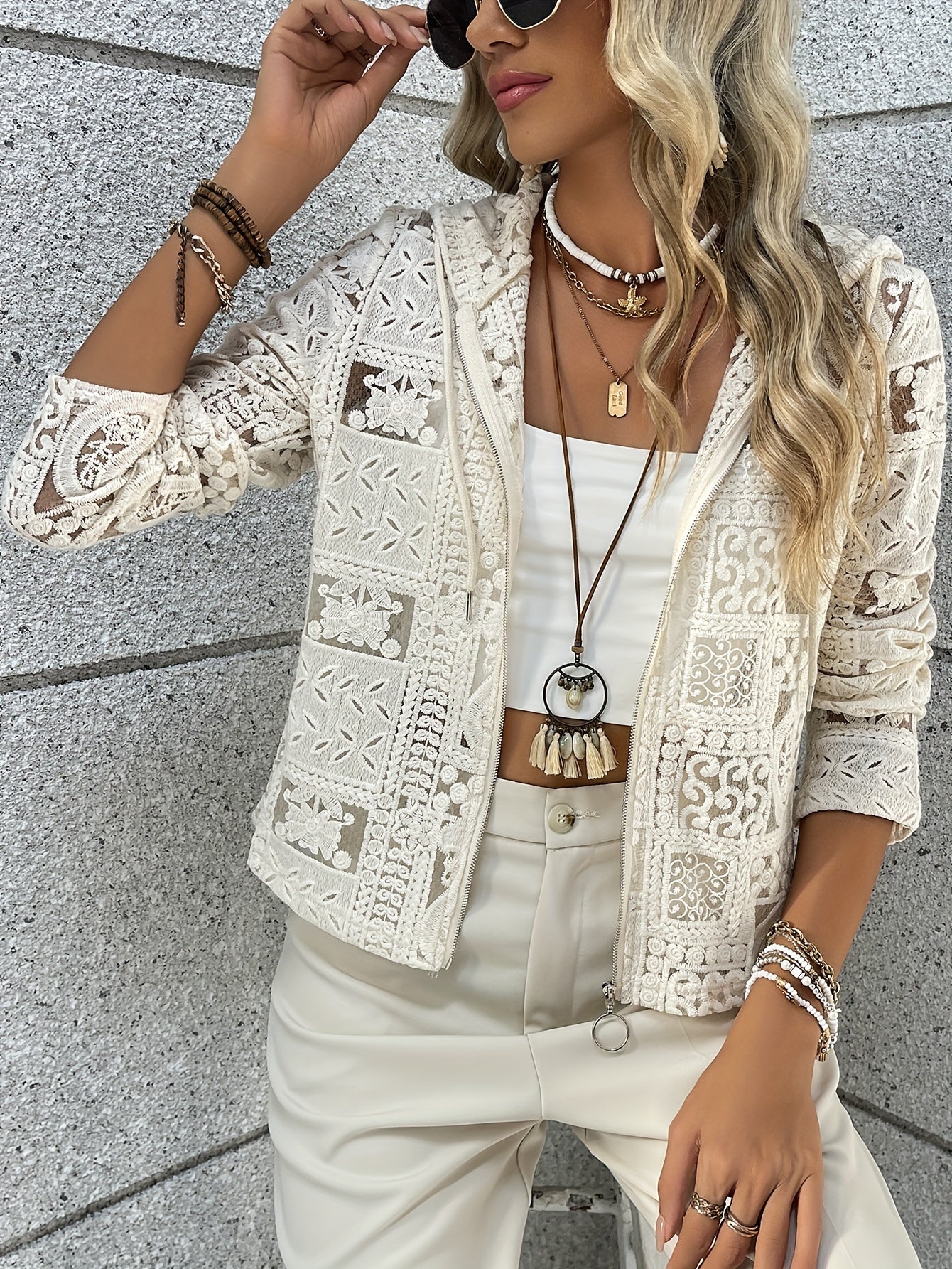 Quinby | Women's Lace Hoodie - Casual Cardigan with Eyelet Detail