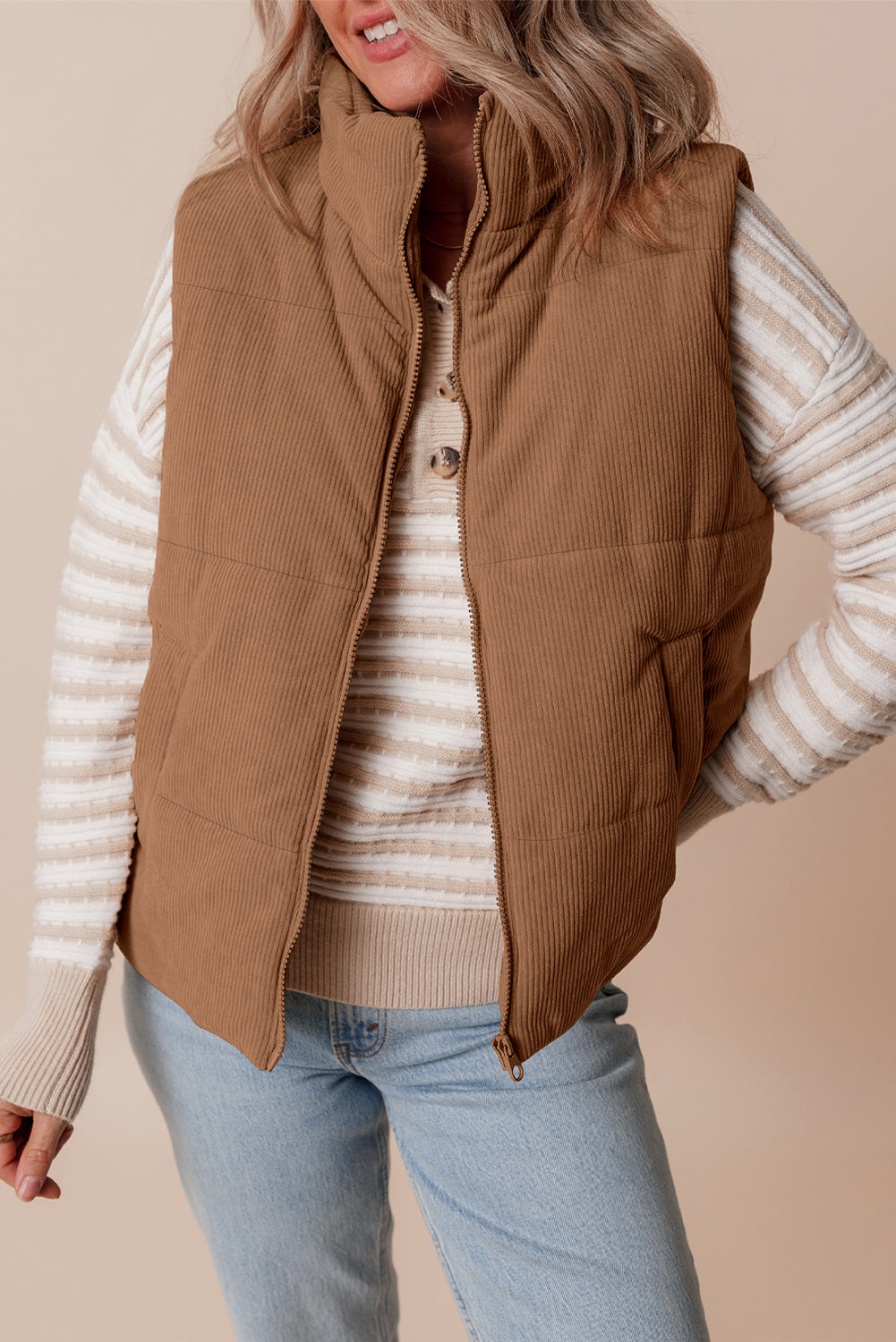 Dagny | Corduroy Puffer Vest met Ritssluiting Staande Kraag Casual Jack voor Dames