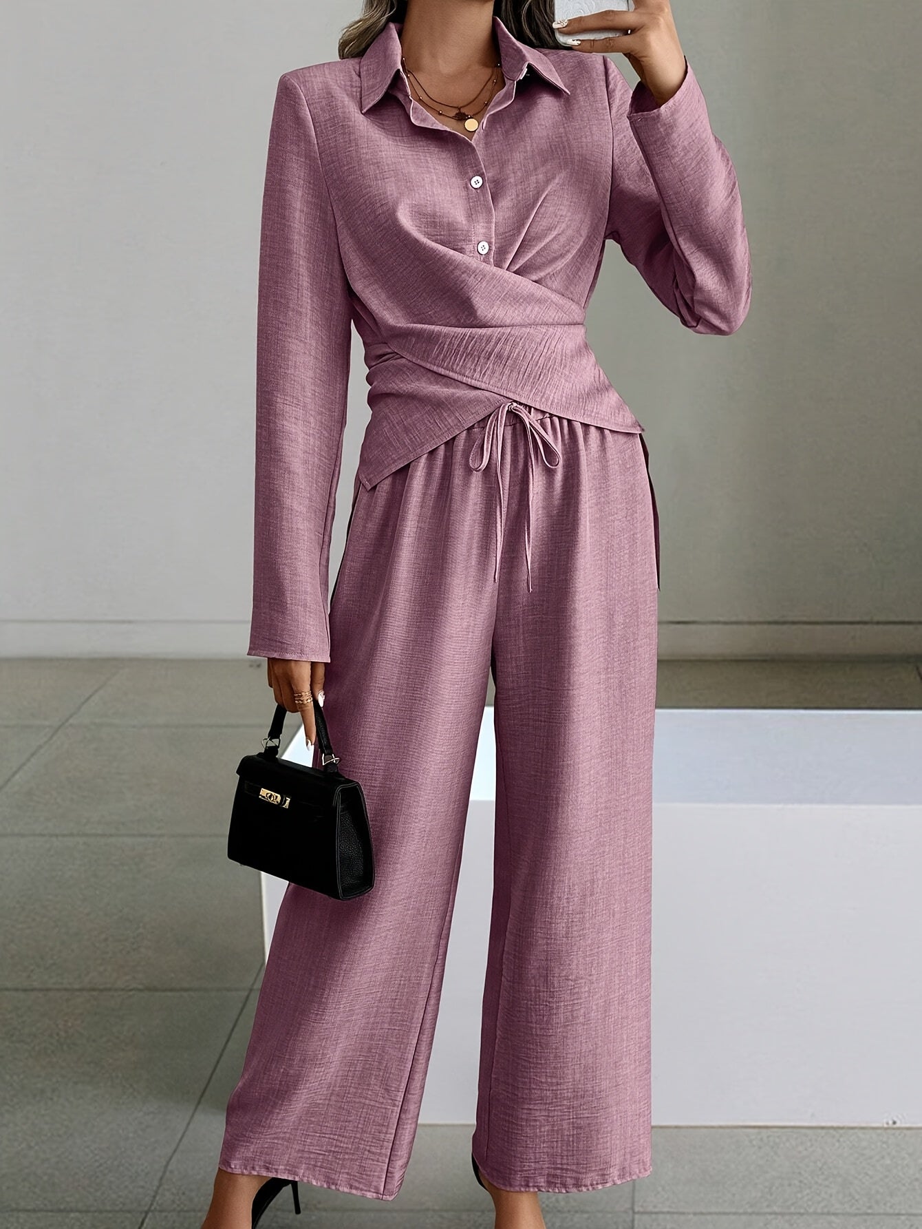 Cirilla | Dames 2-delige set: Top met gekruiste taille & broek met wijde pijpen, casual loszittend pak