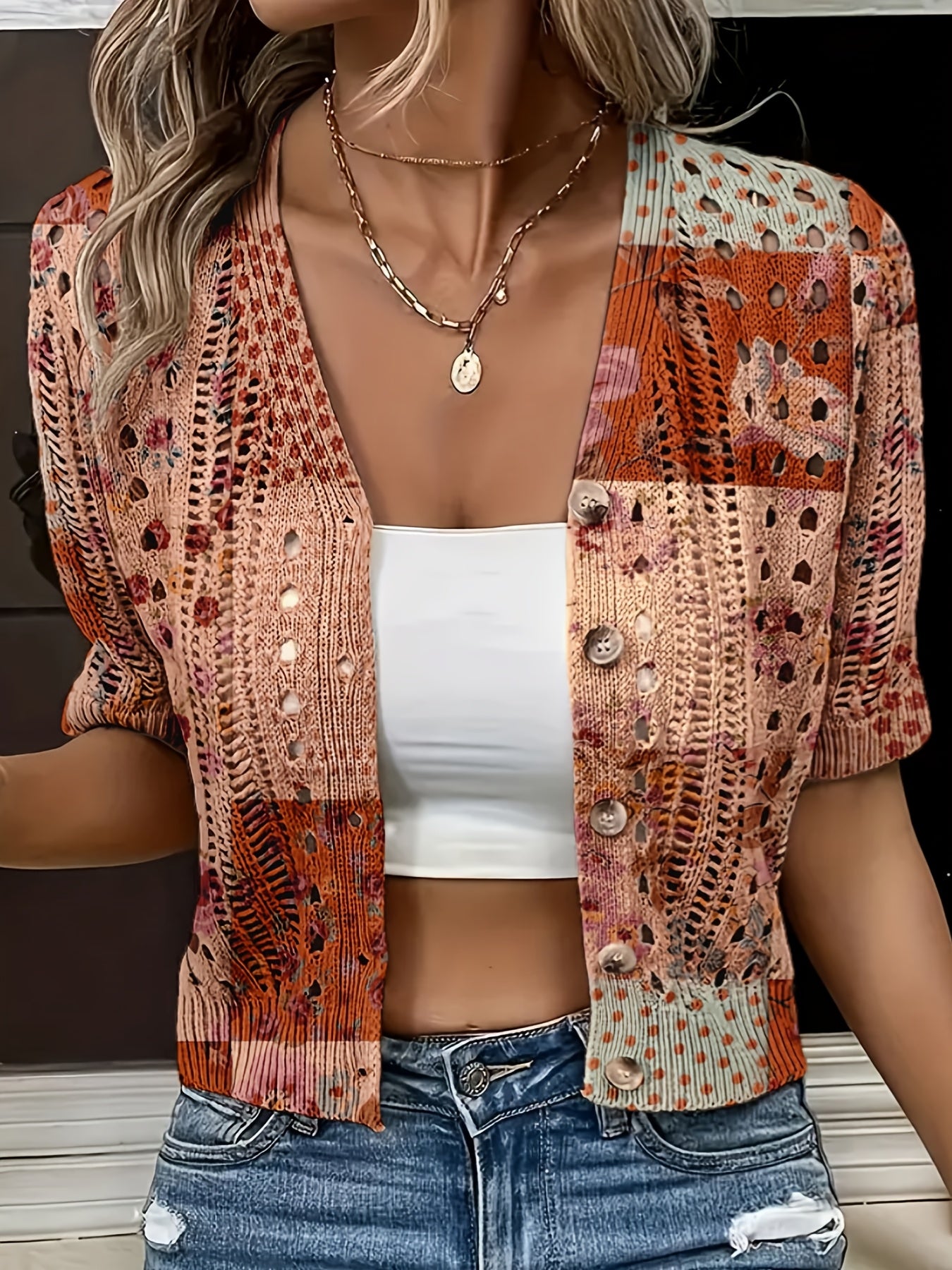 Eenira | Dames Bohemian Haakwerk Vest – Korte V-Hals, Kleurrijk Gebreid Bovenkledingstuk