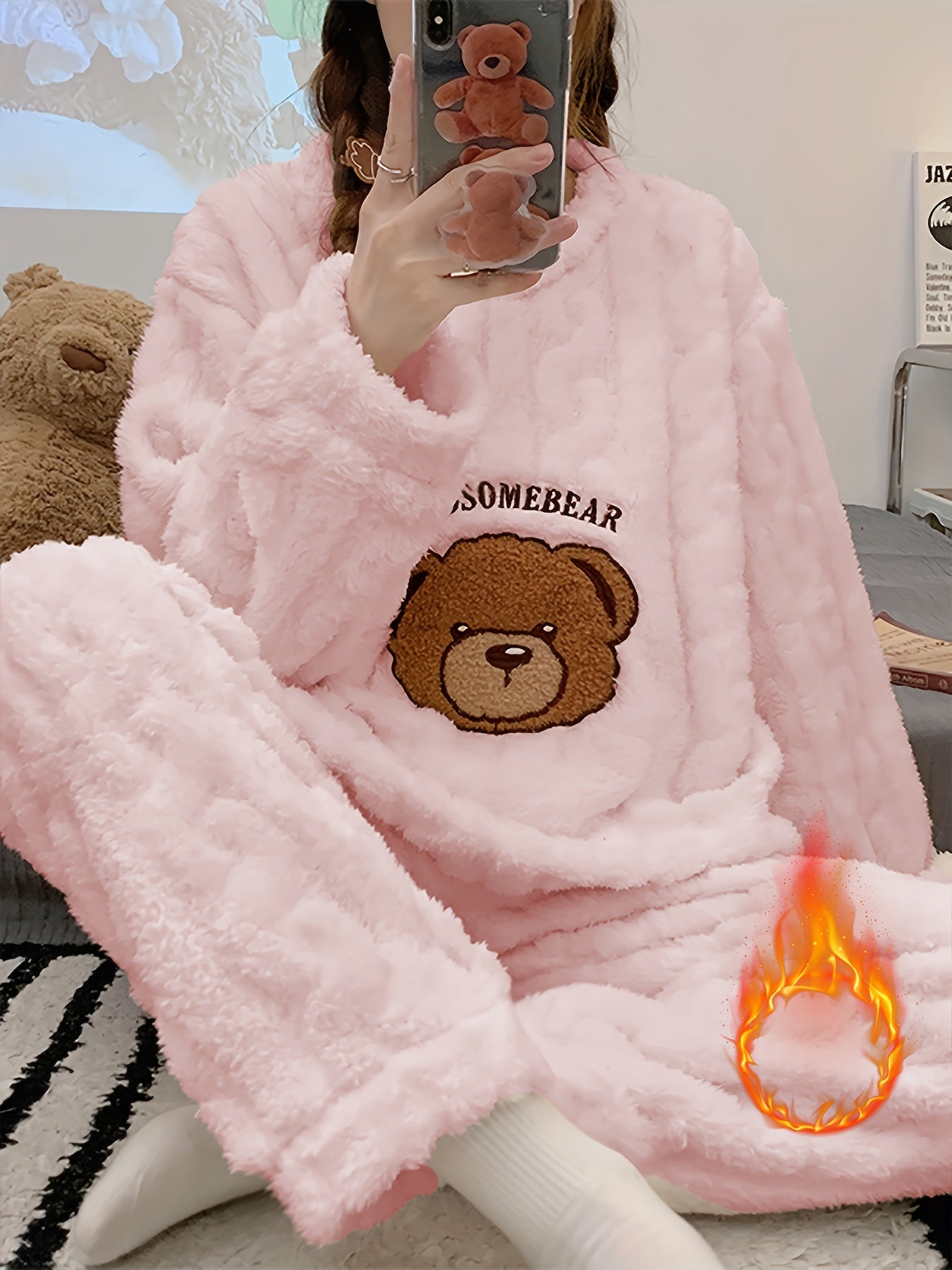 Faren | Cozy women's fleece pajama set - Bear embroidery, long-sleeve top & flannel pants
