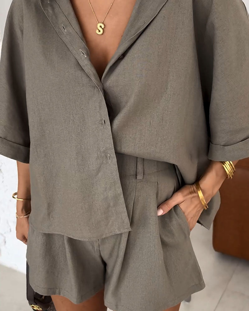 Olyvra | Dames linnen 2-delige set – casual zomer blouse en short outfit