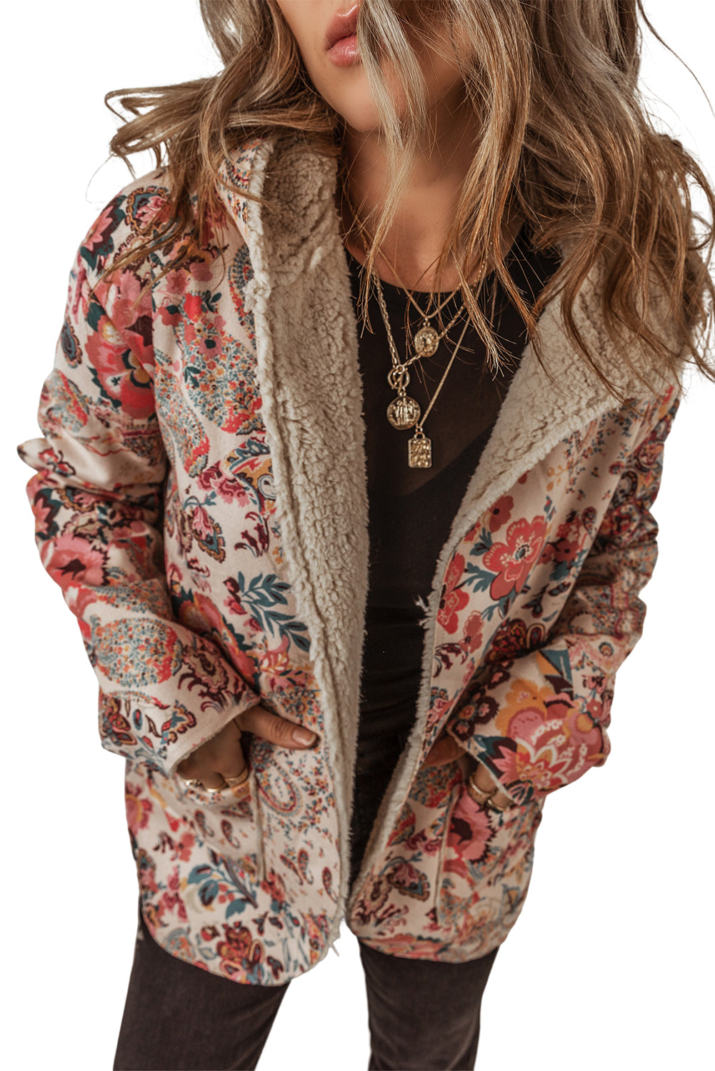 Isabetta | Vrouwen vintage paisley bloemen sherpa gevoerde capuchonjas, zachte en warme bovenkleding