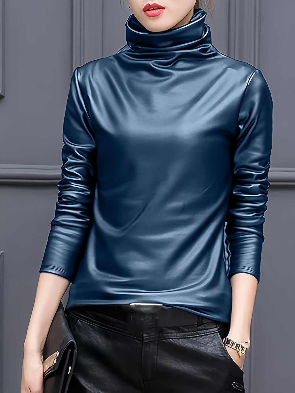 Elfrida | Vrouwen Lange Mouwen PU Leren Coltrui - Elegante Casual Top
