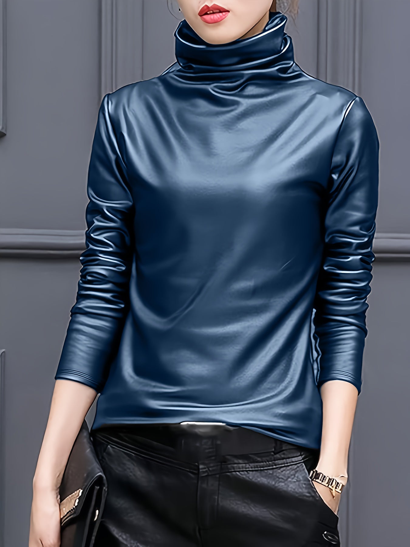 Elfrida | Vrouwen Lange Mouwen PU Leren Coltrui - Elegante Casual Top