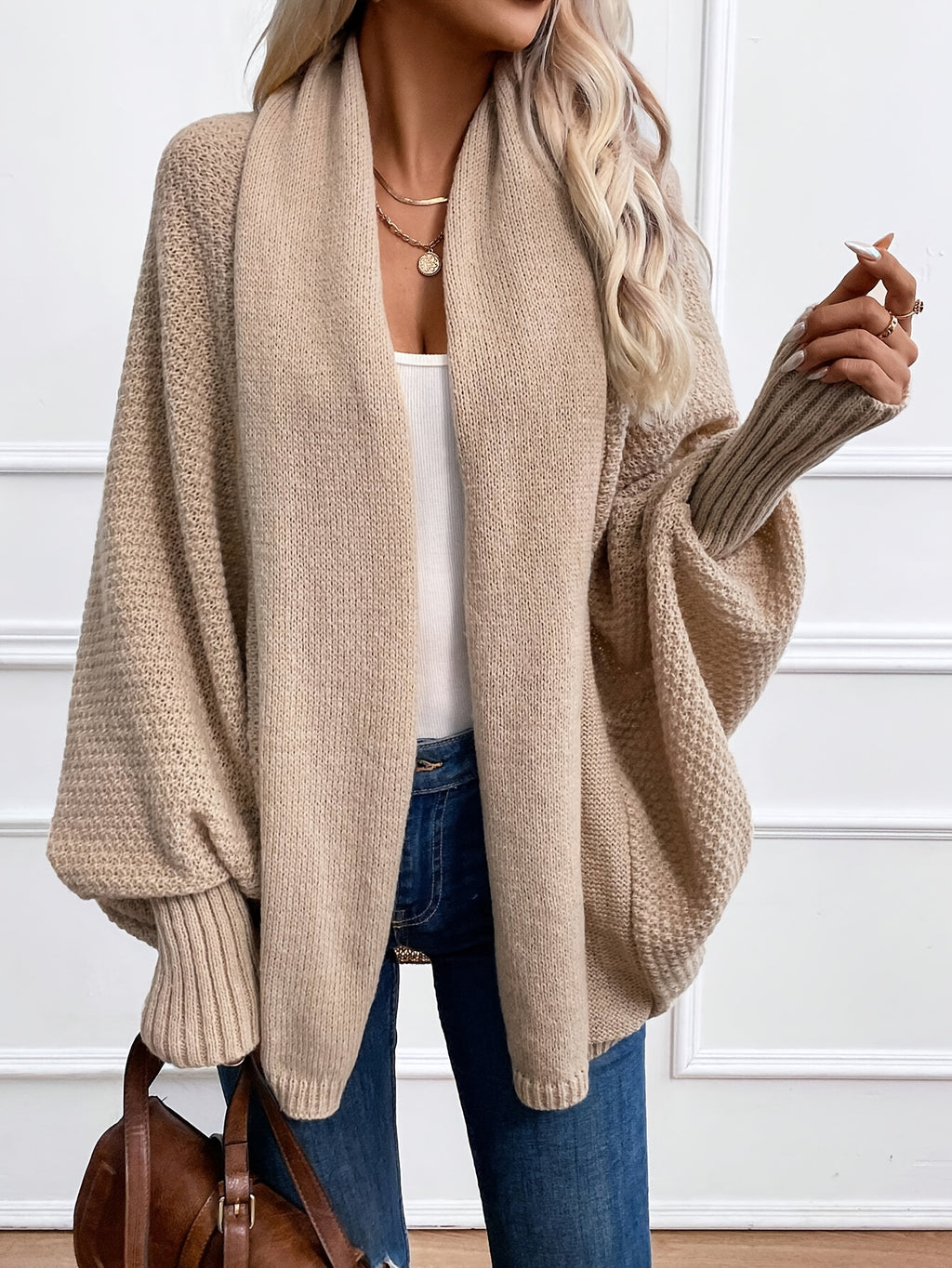 Felice | Oversized damesvest met open voorkant en vleermuismouwen - Los model, elegante effen kleur