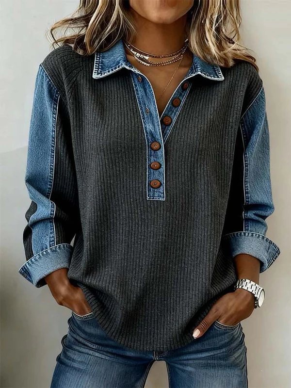 Arlena | Casual sweatshirt voor dames met denim patchwork –  Pullover met kleurblokken
