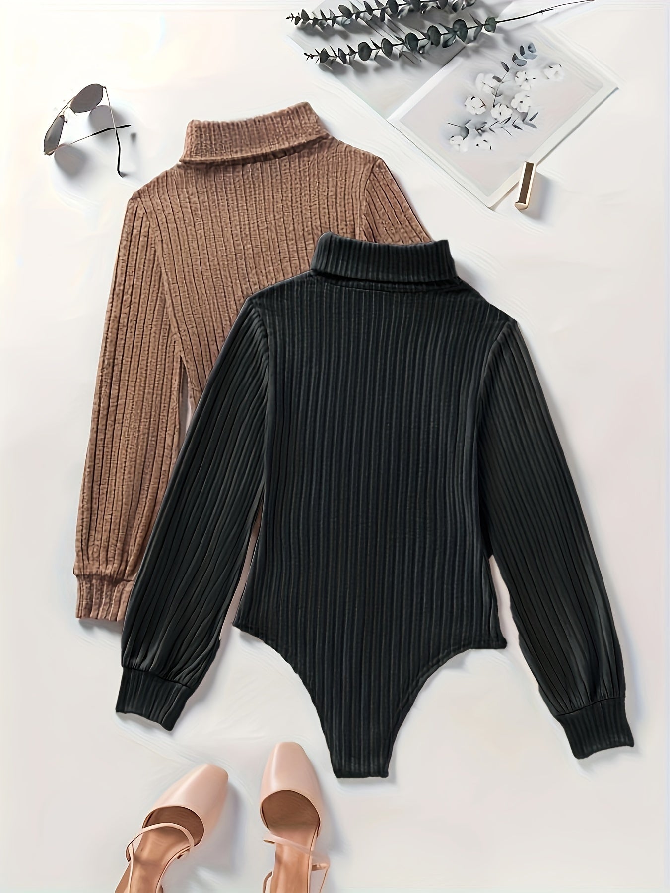 Leontine | Casual ribbed long-sleeved turtleneck bodysuit for women - 2-piece