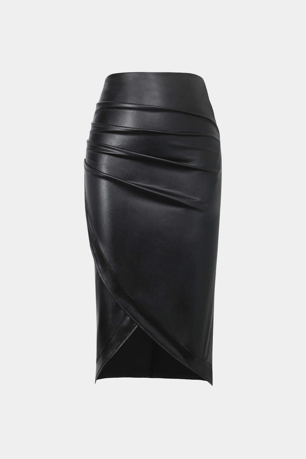 Kaelith | High-Waisted Faux Leather Ruffled Wrap Split Front Midi Skirt
