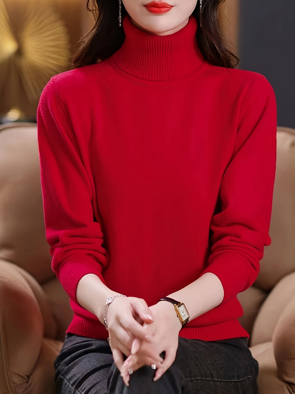 Amaranth | Plain knitted women's turtleneck sweater - Elegant long-sleeved sweater