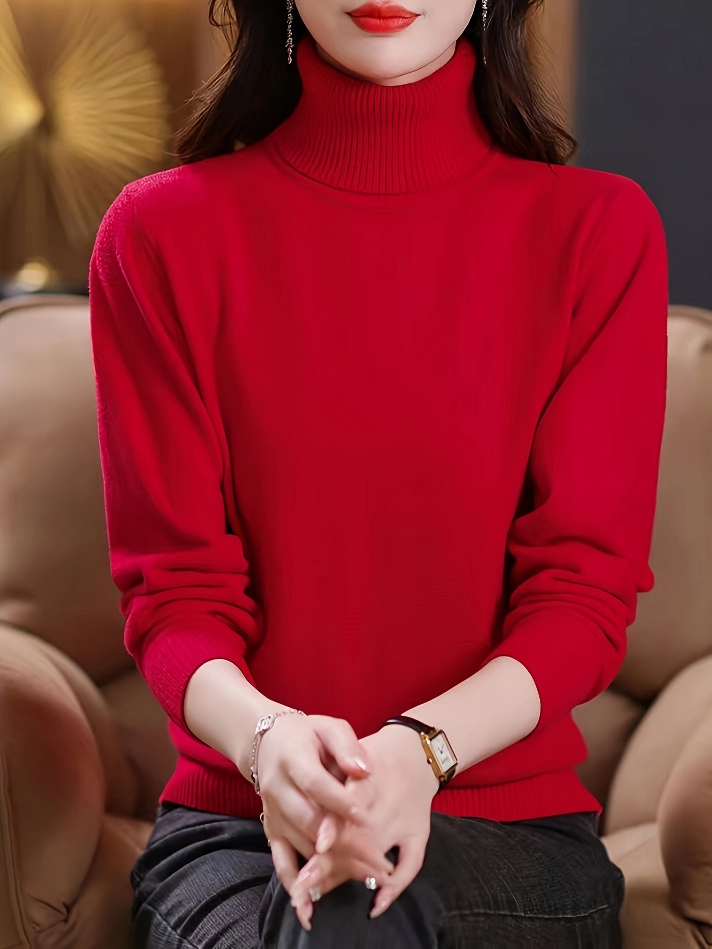 Amaranth | Plain knitted women's turtleneck sweater - Elegant long-sleeved sweater