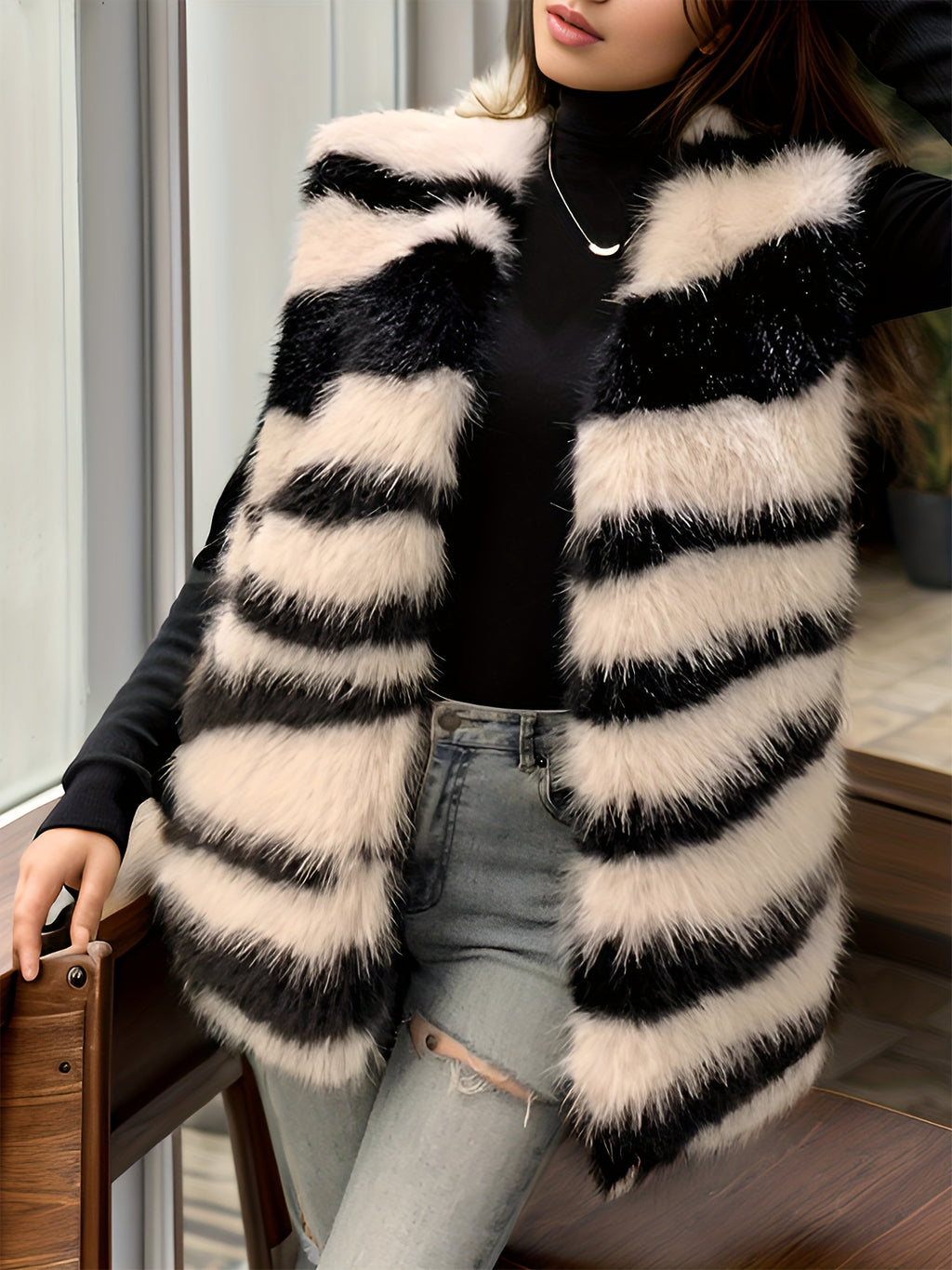 Lisbeth |  Zwart en wit gestreept bont open mouwloos vest voor dames - elegante lichtgewicht laag