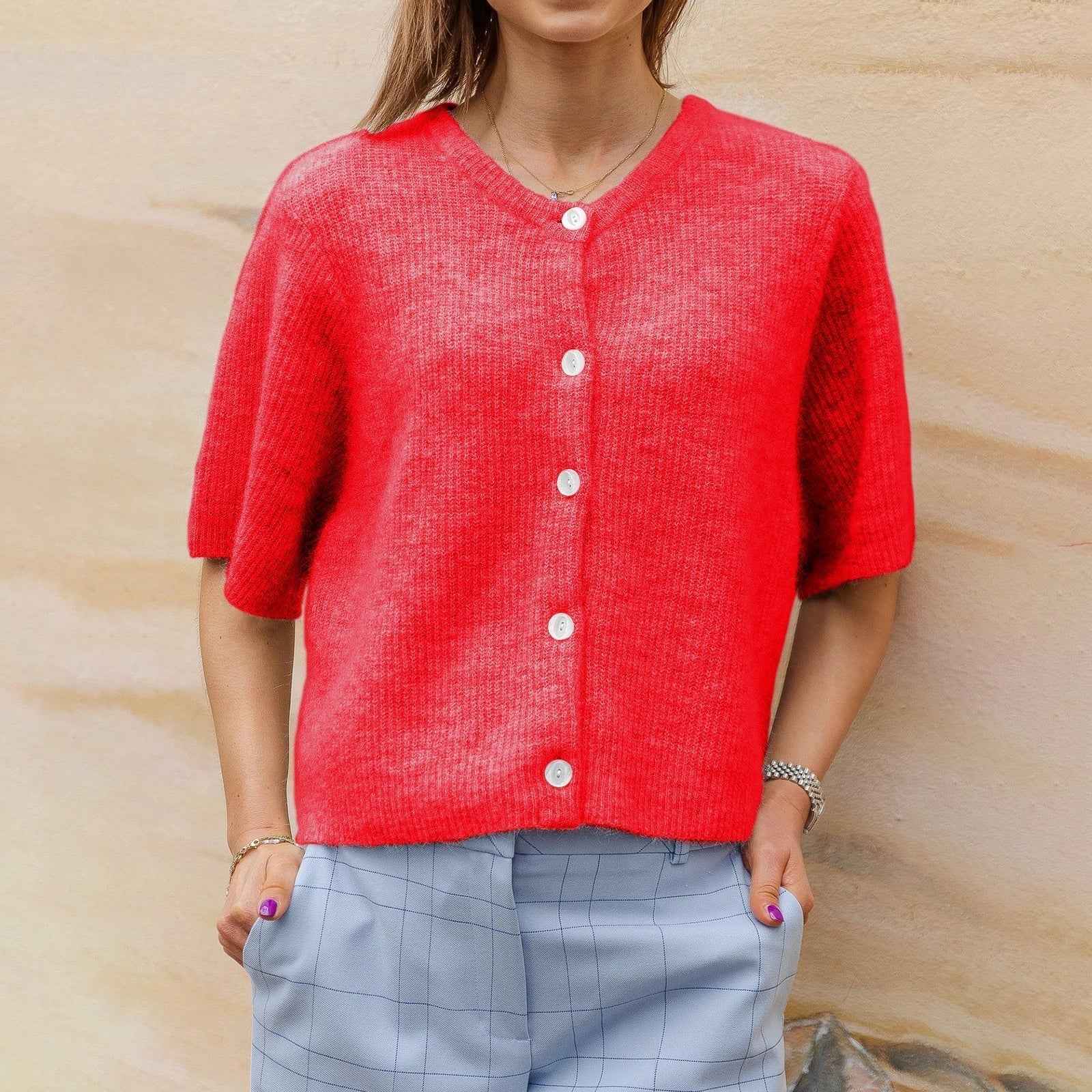 Cavara | Vintage vest met korte mouwen voor dames – Gebreide top met knopen, zachte trui