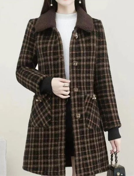 Kalia | Halflange geruite damesjas met pluche kraag - Stijlvolle winterkleding