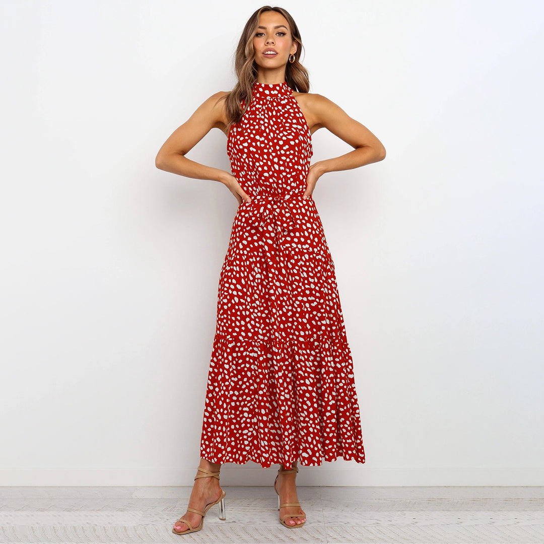 Pyrenith | Elegant Halter Neck Flowy Maxi Dress - Sleeveless, Tie Strap, Polka Dots