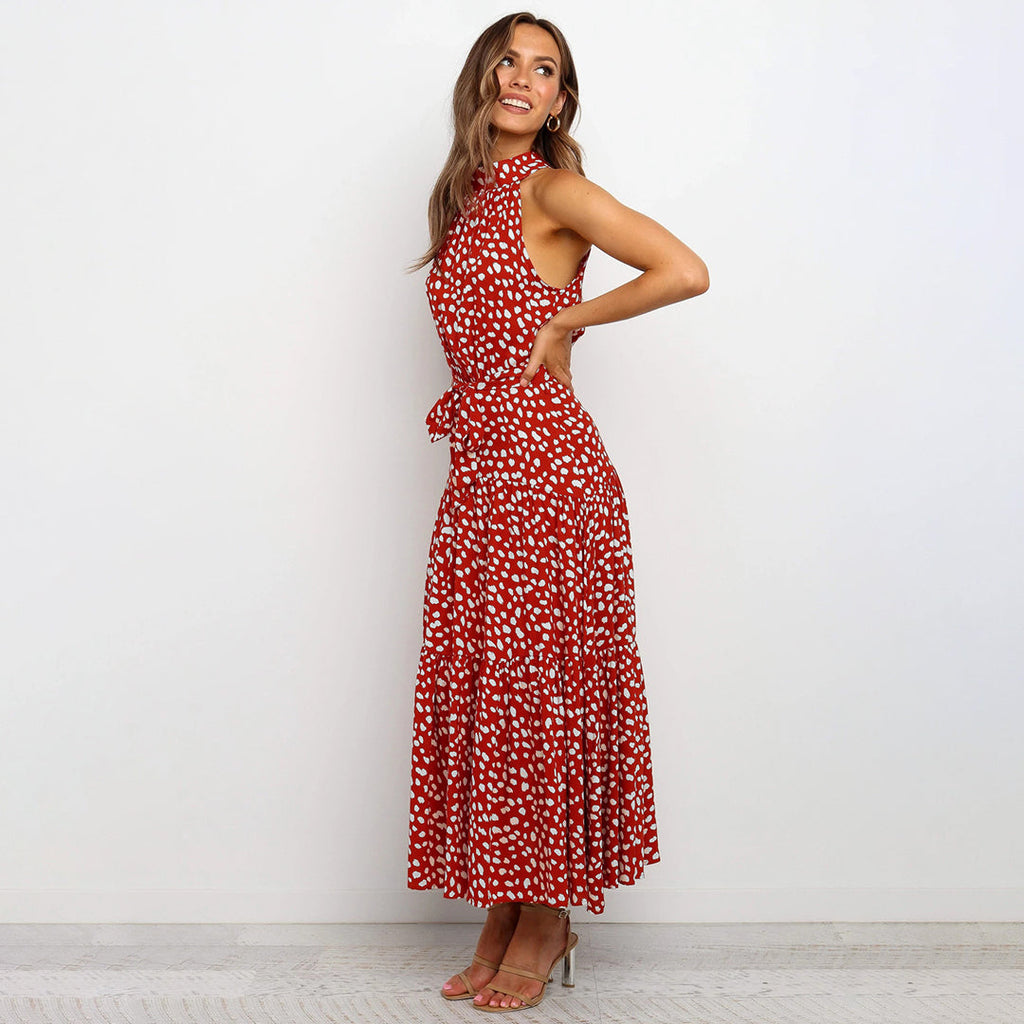 Pyrenith | Elegant Halter Neck Flowy Maxi Dress - Sleeveless, Tie Strap, Polka Dots