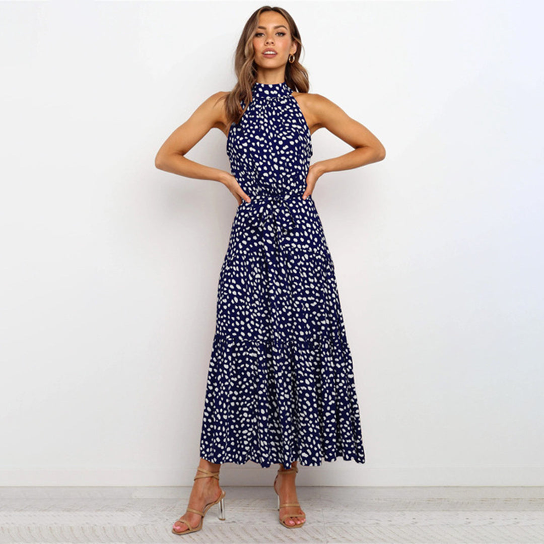 Pyrenith | Elegant Halter Neck Flowy Maxi Dress - Sleeveless, Tie Strap, Polka Dots