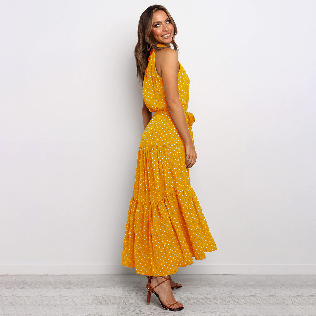 Pyrenith | Elegant Halter Neck Flowy Maxi Dress - Sleeveless, Tie Strap, Polka Dots